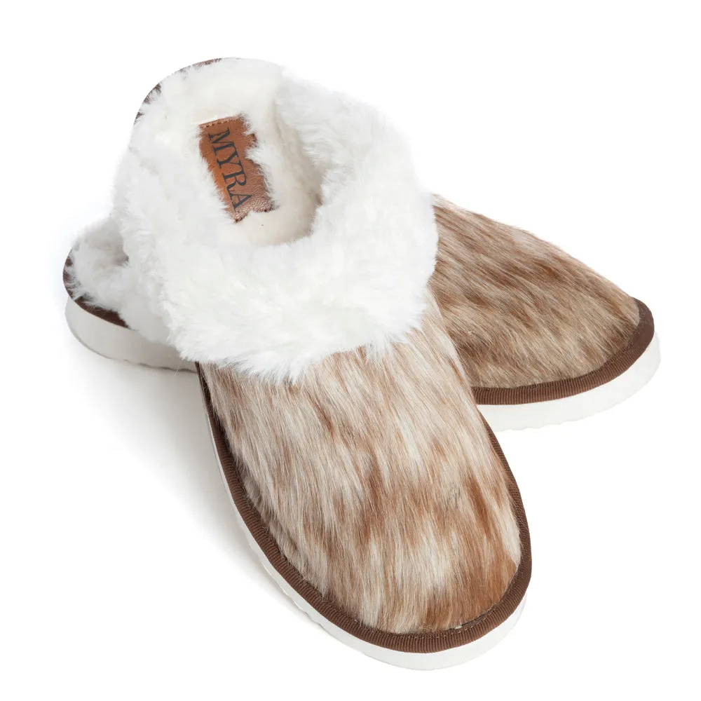 Alamosa Hair-on Hide Lined Slippers in Brown & White