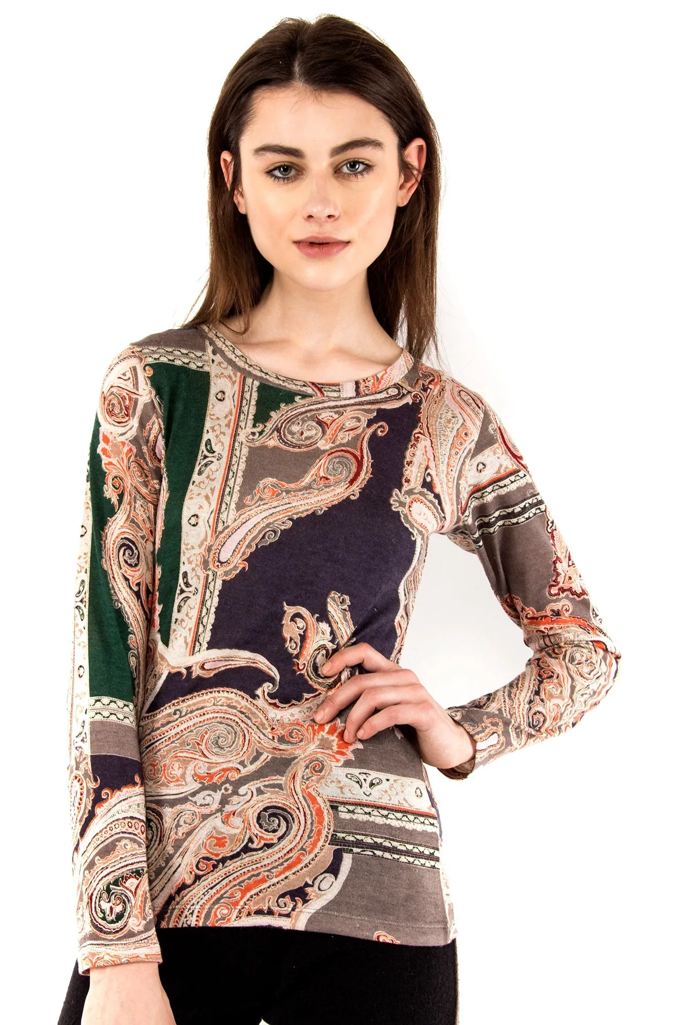 Beige & Green Paisely Silk Wool Cashmere Sweater