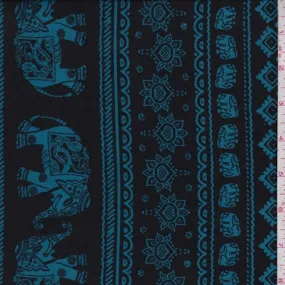 Black/Teal Elephant Stripe Double Brushed Jersey Knit Fabric