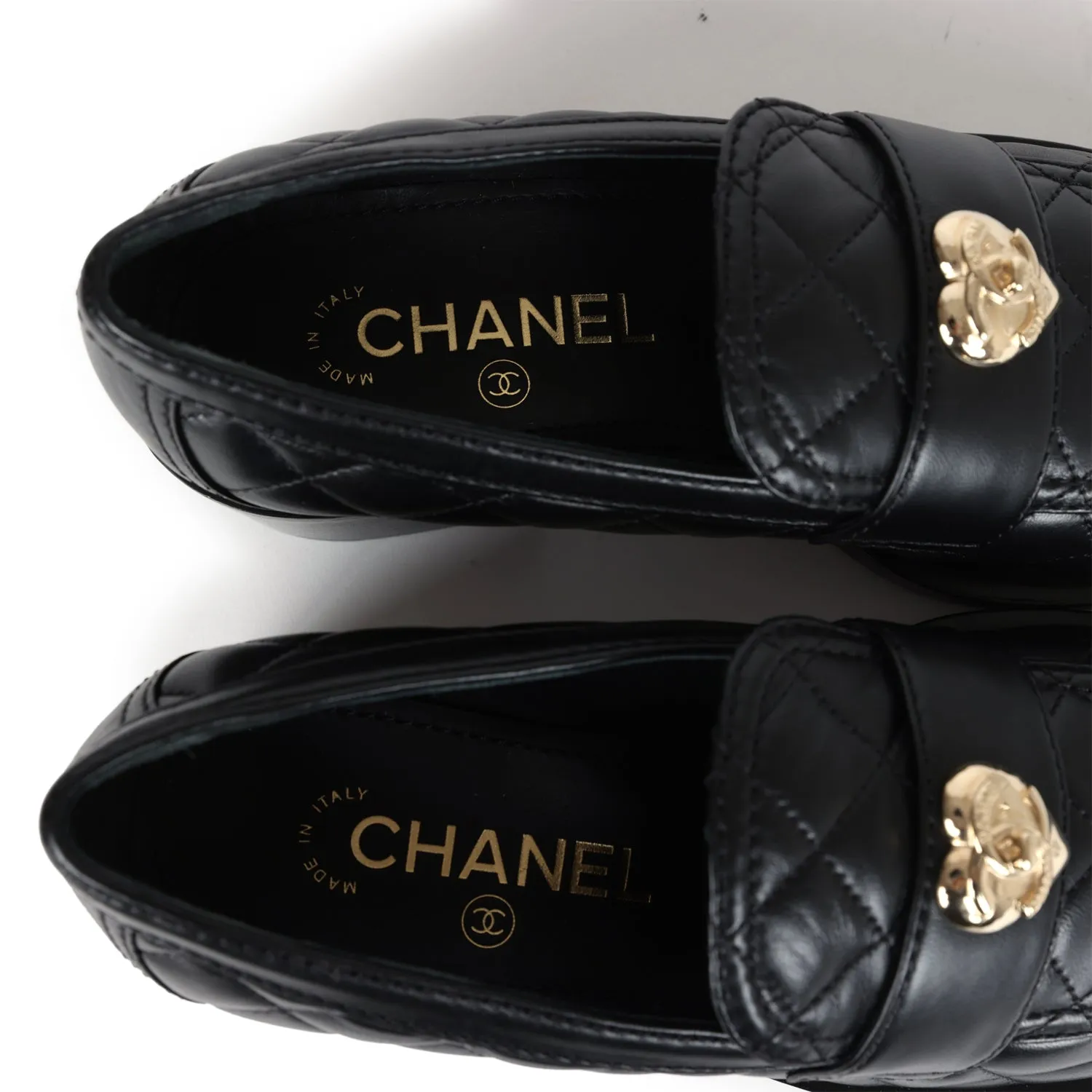 Chanel CC Quilted Heart Heel Loafers Black Lambskin Light Gold Hardware 36 EU