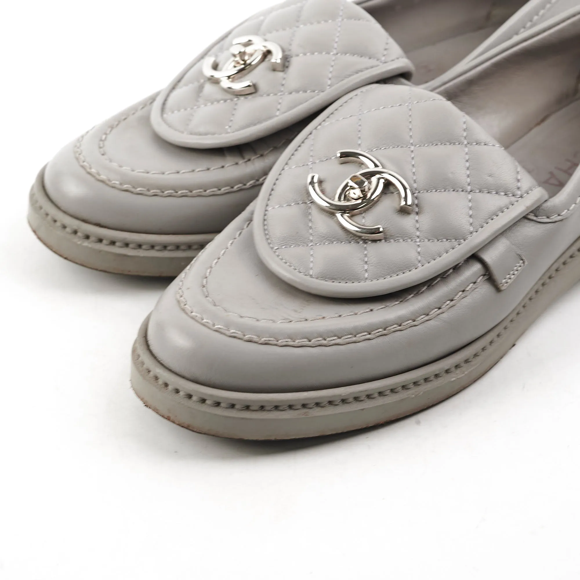 Chanel Quilted Grey Loafers Size 36.5