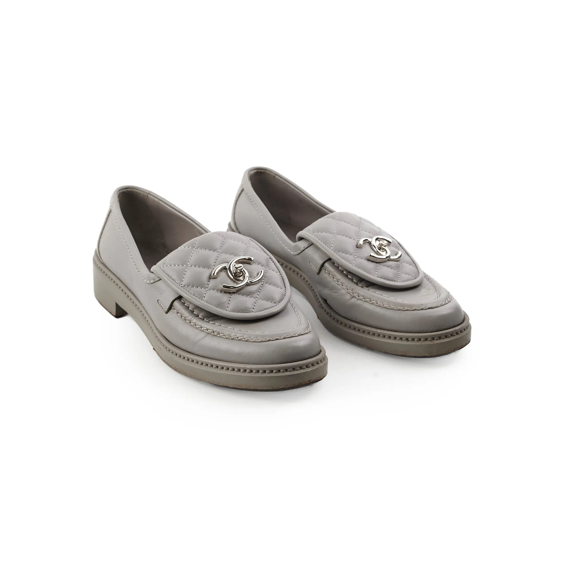 Chanel Quilted Grey Loafers Size 36.5