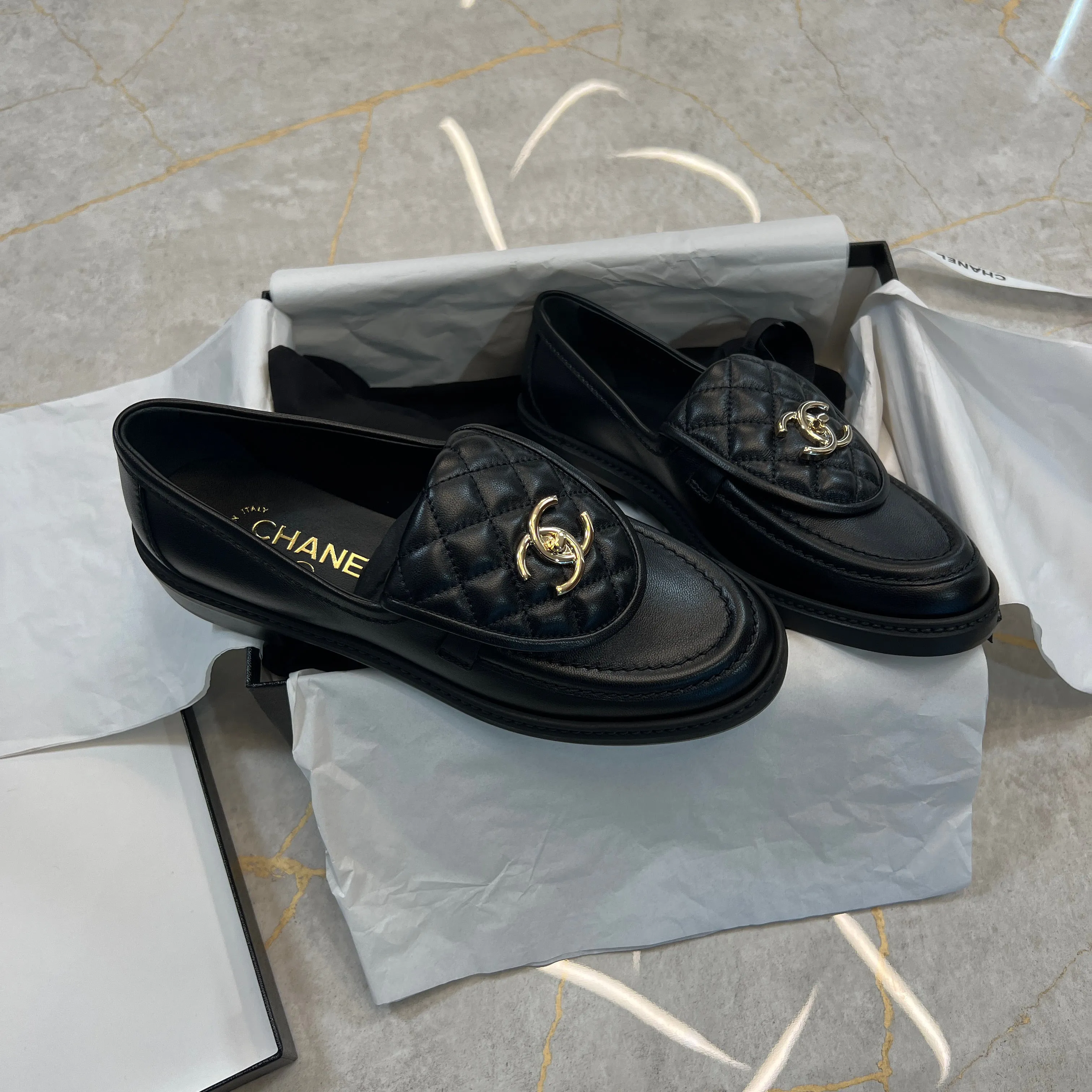 Chanel Quilted Leather Loafers (Black)