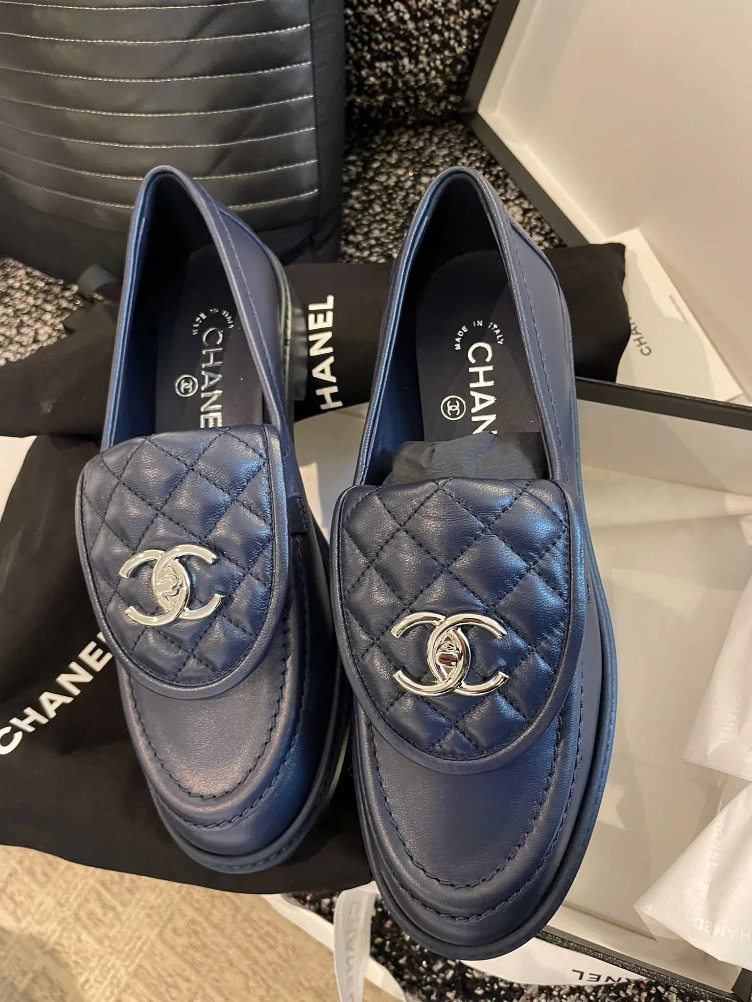 Chanel Quilted Leather Loafers Navy (Silver Hardware)