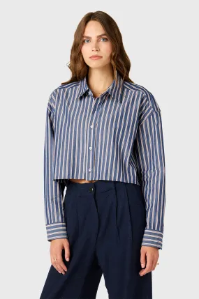 CROPPED BOXY BUTTON UP IN INDIGO STRIPE POPLIN