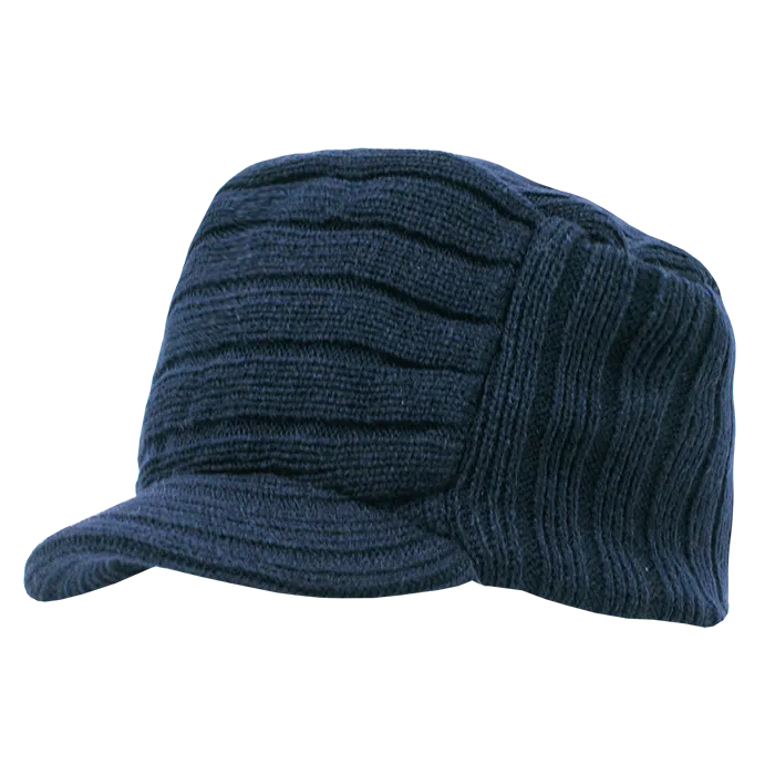 Decky 615 - Knitted Flat Top Cap with Visor, Knit Beanie