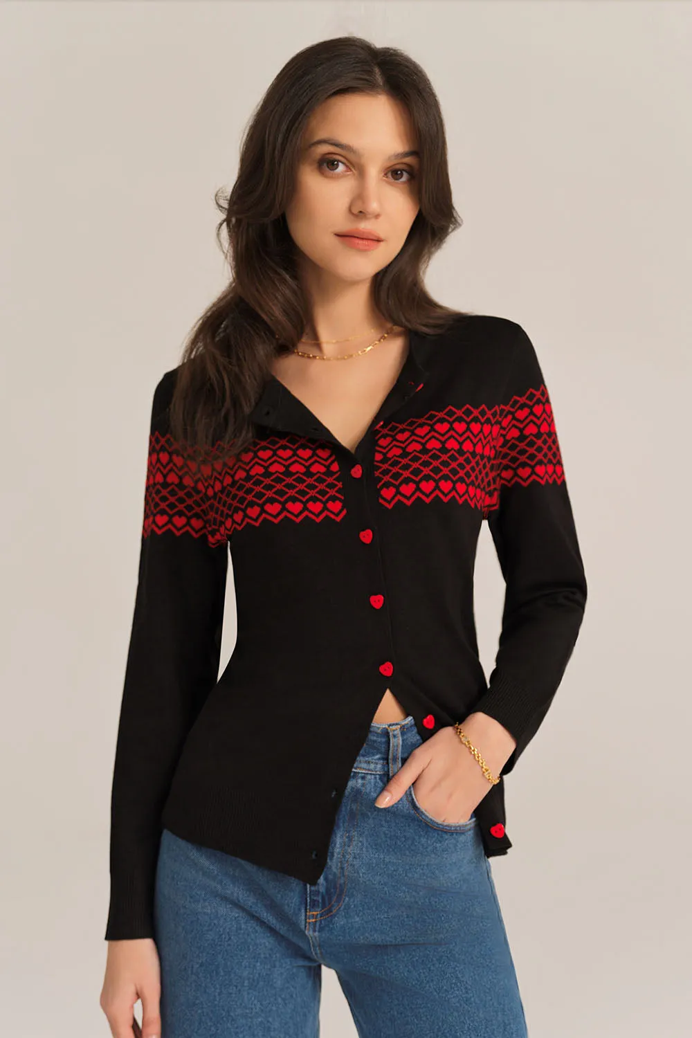 Diamond & Sweetheart Crew Neck Cardigan - Black