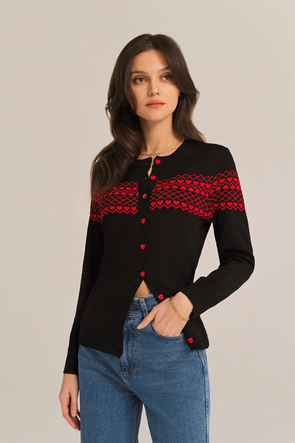 Diamond & Sweetheart Crew Neck Cardigan - Black