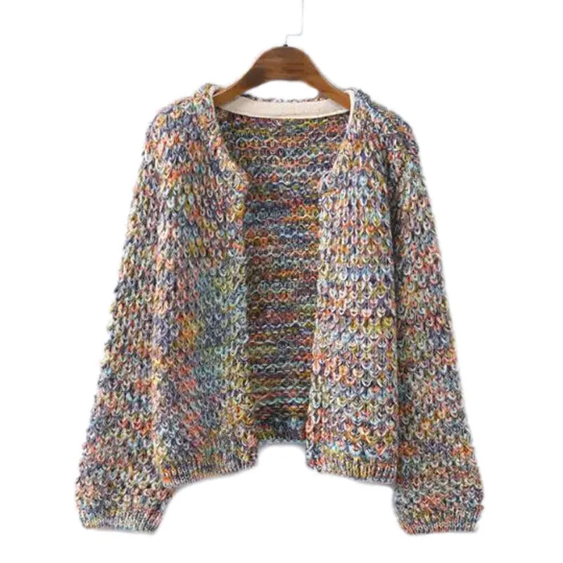 Female Casual Rainbow Color Knitted Cardigan