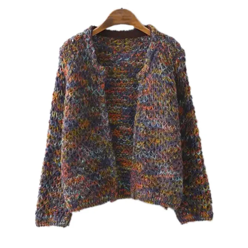 Female Casual Rainbow Color Knitted Cardigan