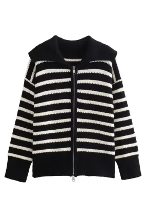 'Gemma' Stripe Collared Full-Zip Knitted Cardigan (2 Colors)