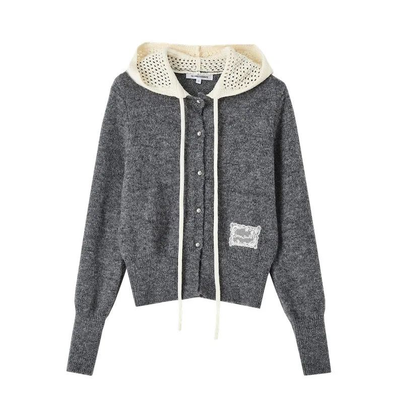 Hollow Hooded Knitted Cardigan In Gray