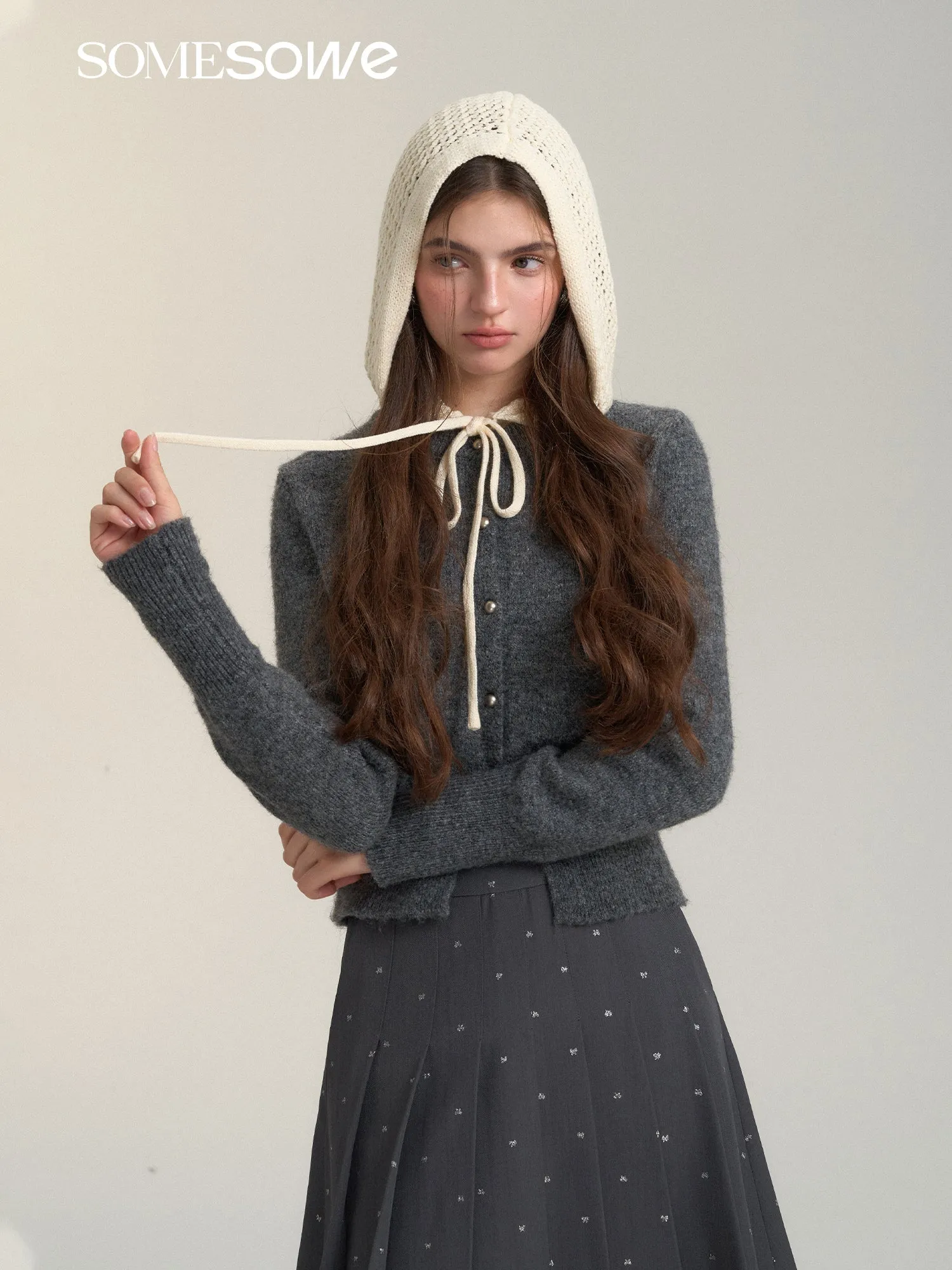 Hollow Hooded Knitted Cardigan In Gray