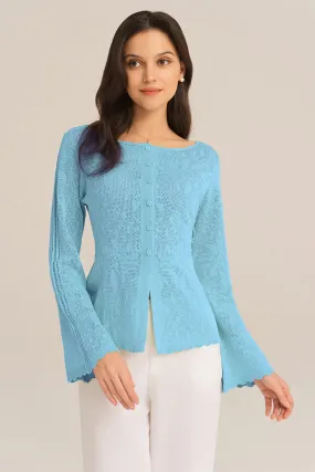 Hollowed Out Ruffle Hem Knitted Bell Cardigan Long Sleeve - Blue