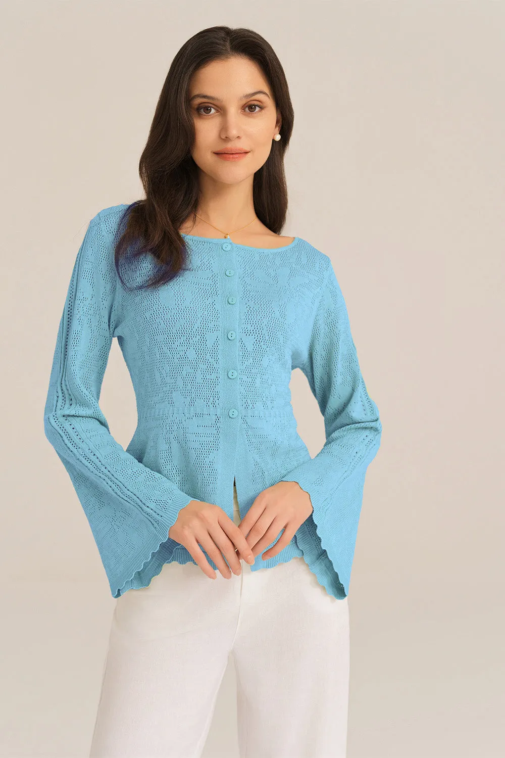 Hollowed Out Ruffle Hem Knitted Bell Cardigan Long Sleeve - Blue