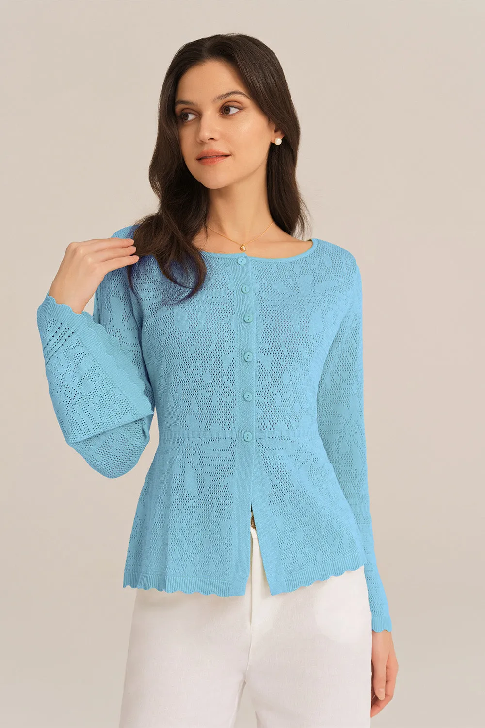 Hollowed Out Ruffle Hem Knitted Bell Cardigan Long Sleeve - Blue