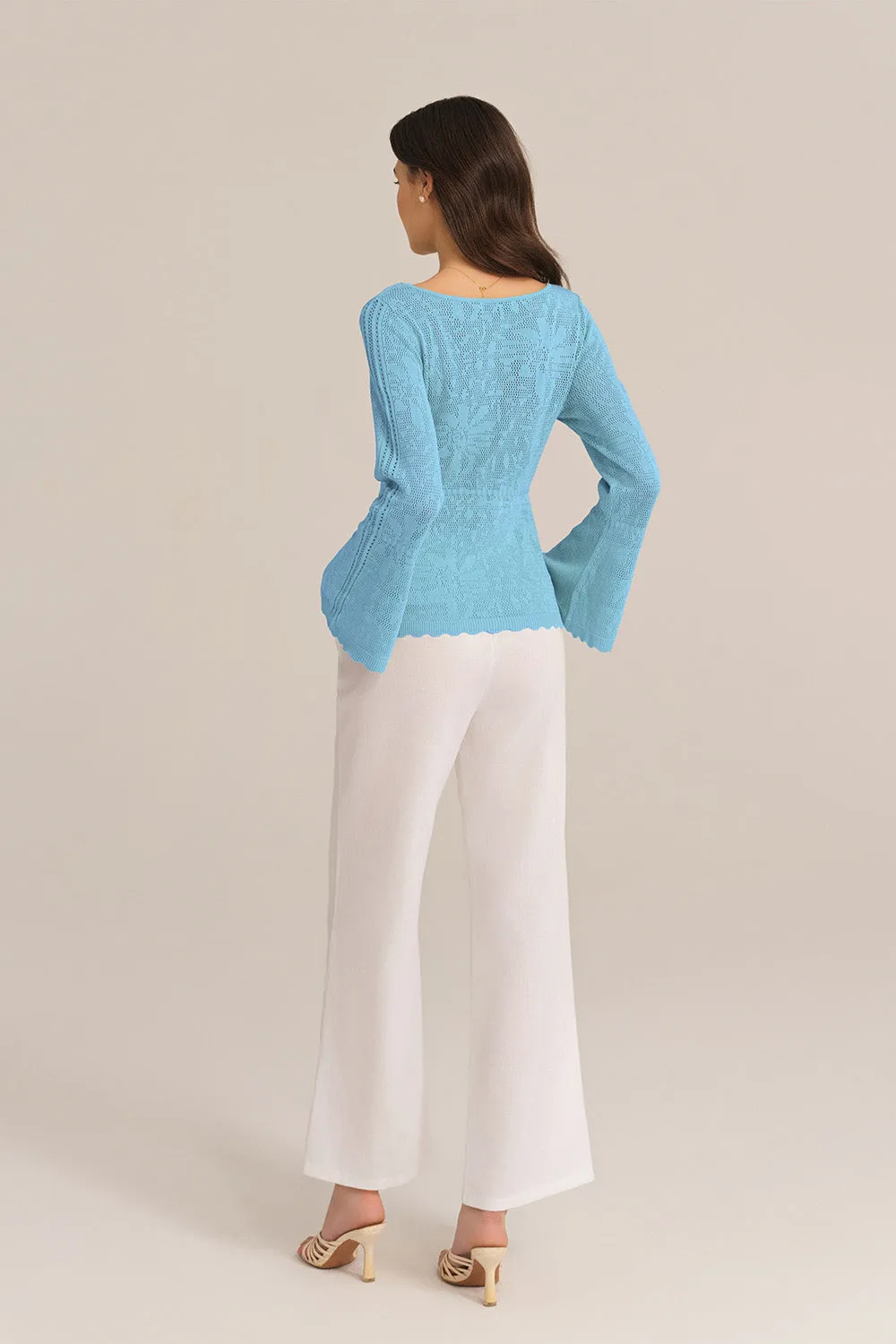 Hollowed Out Ruffle Hem Knitted Bell Cardigan Long Sleeve - Blue