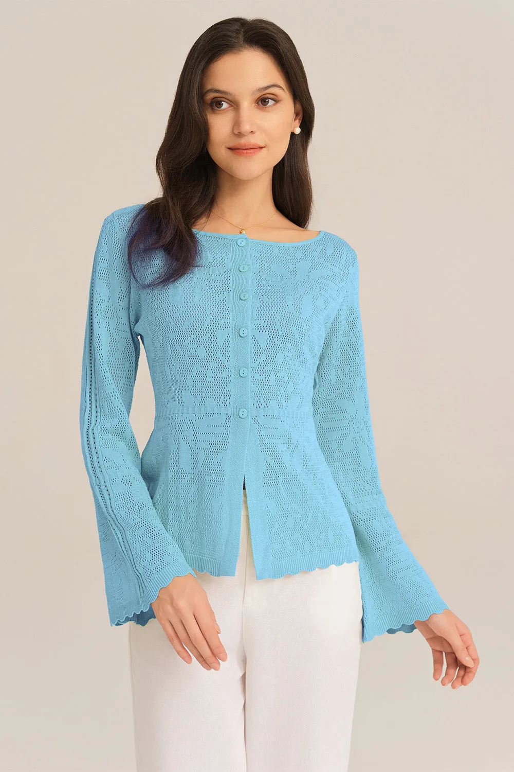 Hollowed Out Ruffle Hem Knitted Bell Cardigan Long Sleeve - Blue