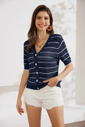 Hollowed-out Short Sleeve V-Neck Stripped Knitted Cardigan - Blue