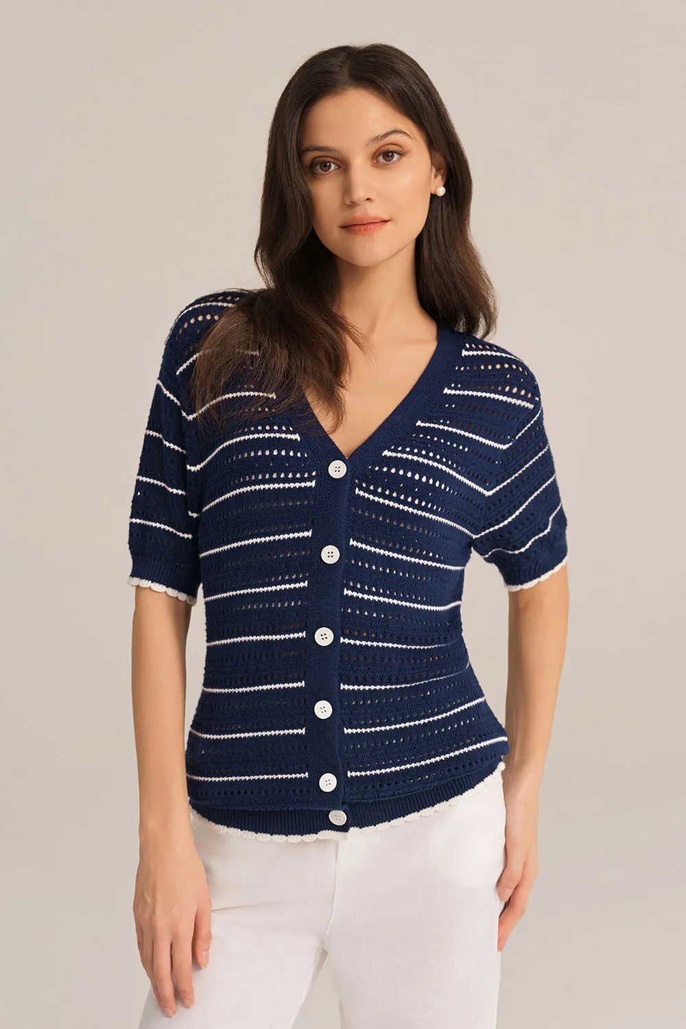 Hollowed-out Short Sleeve V-Neck Stripped Knitted Cardigan - Blue