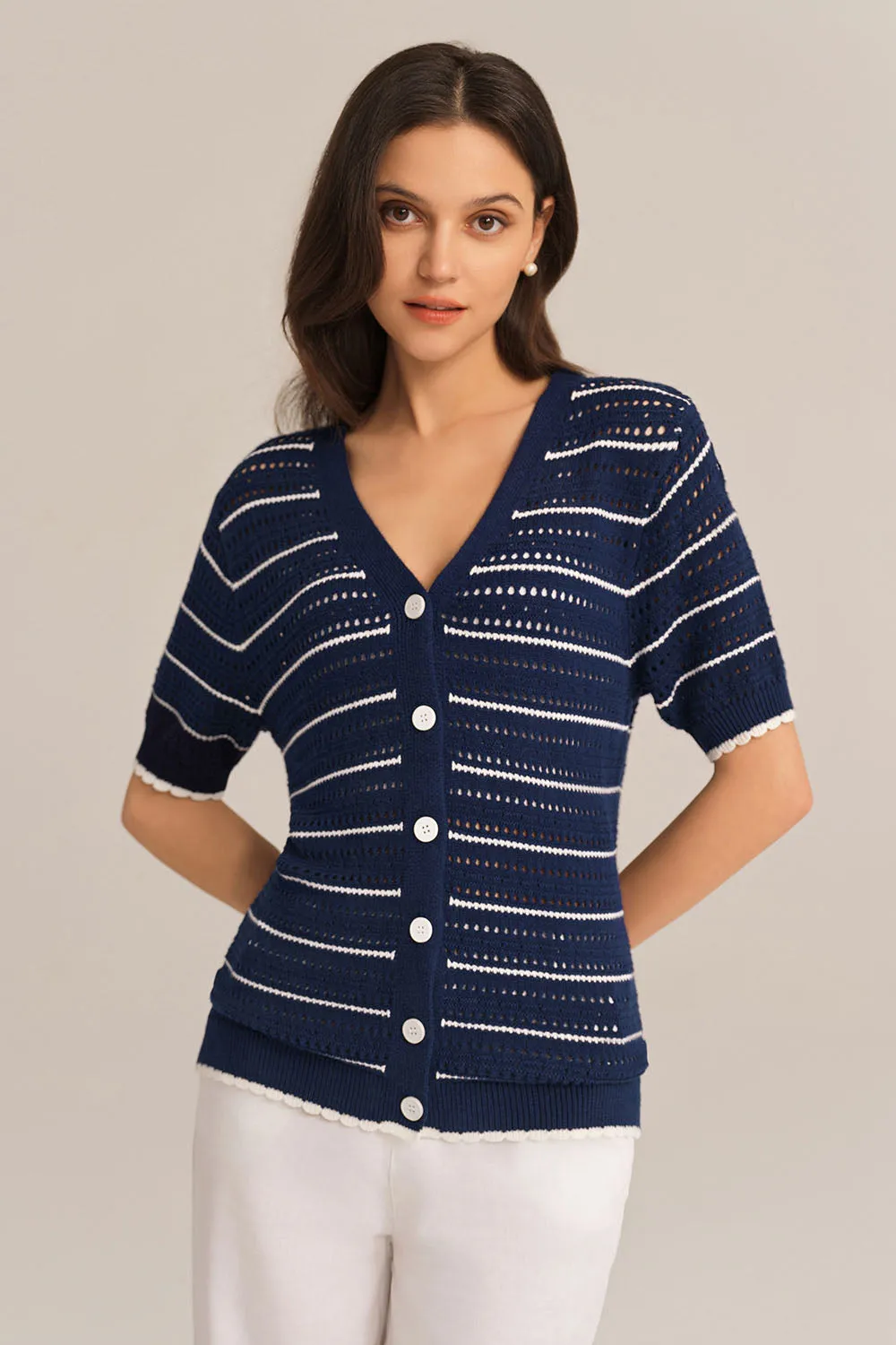 Hollowed-out Short Sleeve V-Neck Stripped Knitted Cardigan - Blue