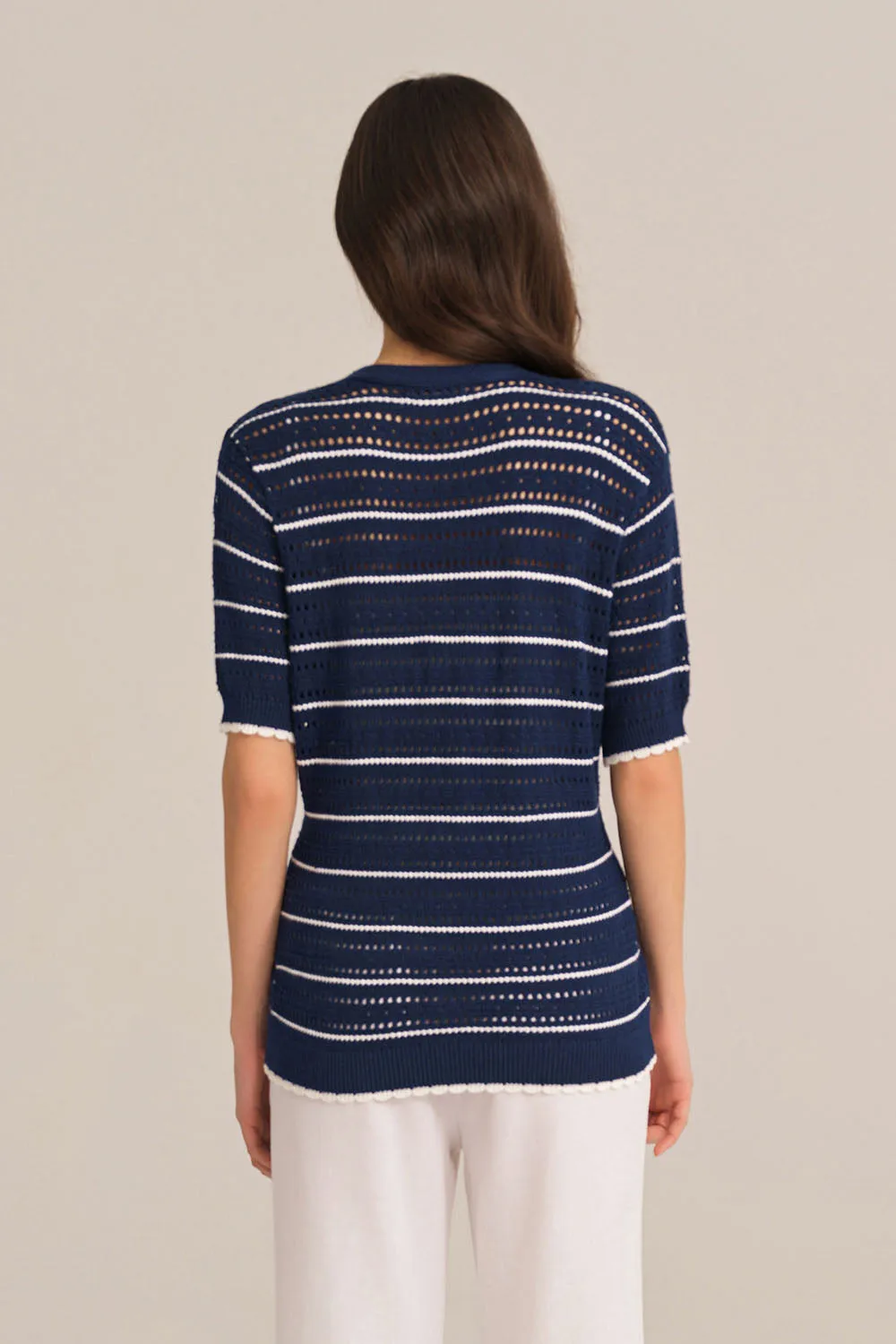 Hollowed-out Short Sleeve V-Neck Stripped Knitted Cardigan - Blue