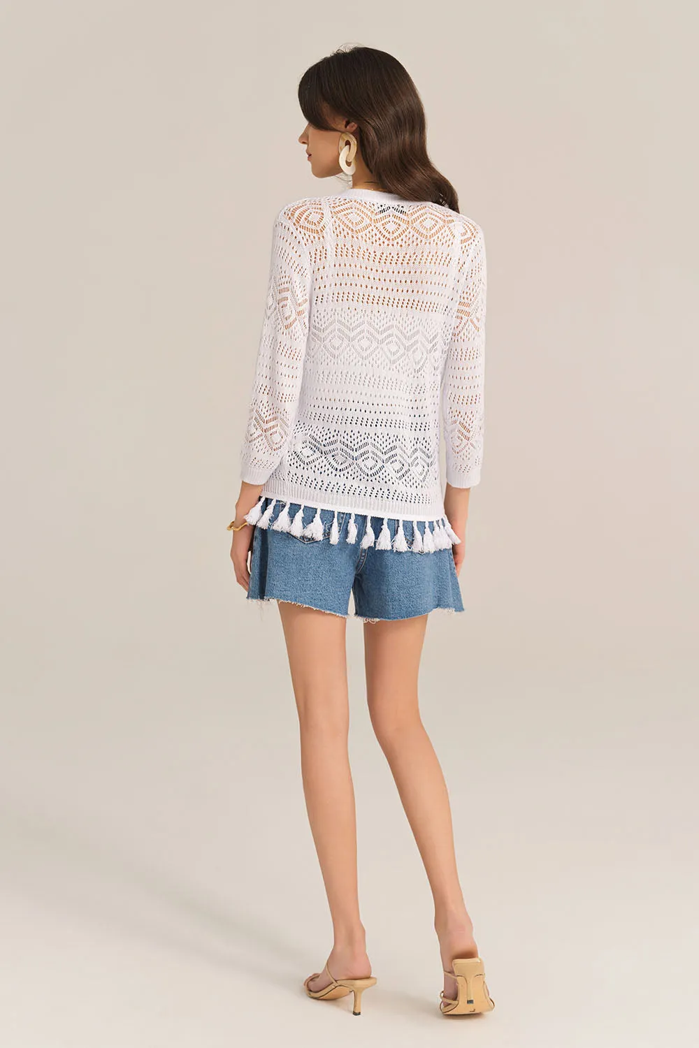 Hollowed Out V-Neck Fringed Knitted 3/4 Sleeve Cardigan - White