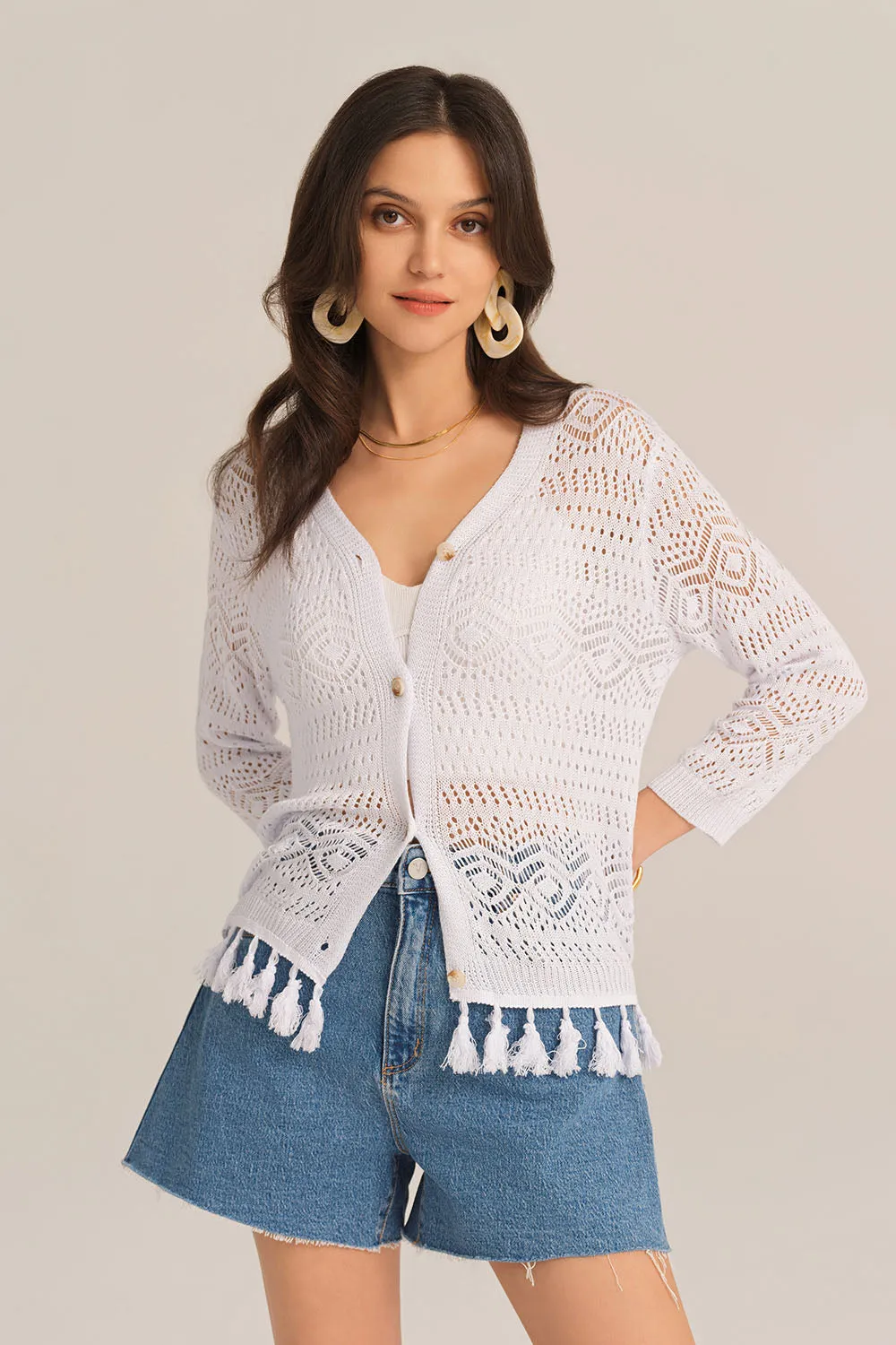 Hollowed Out V-Neck Fringed Knitted 3/4 Sleeve Cardigan - White