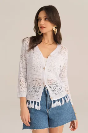 Hollowed Out V-Neck Fringed Knitted 3/4 Sleeve Cardigan - White