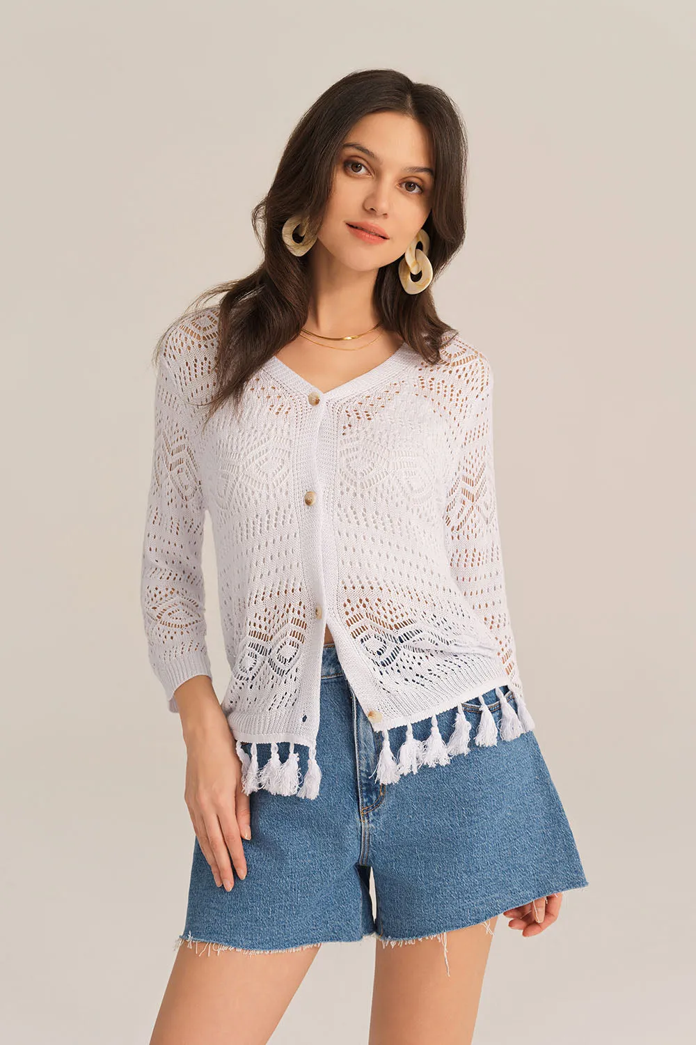 Hollowed Out V-Neck Fringed Knitted 3/4 Sleeve Cardigan - White