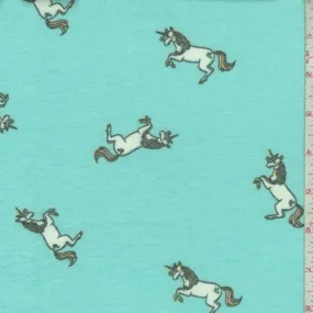 Icy Blue Leaping Unicorn Brushed French Terry Knit Fabric