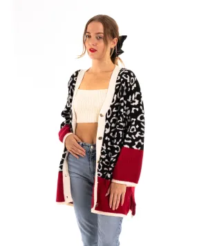 Leopard pattern design oversized cardigan with red hem