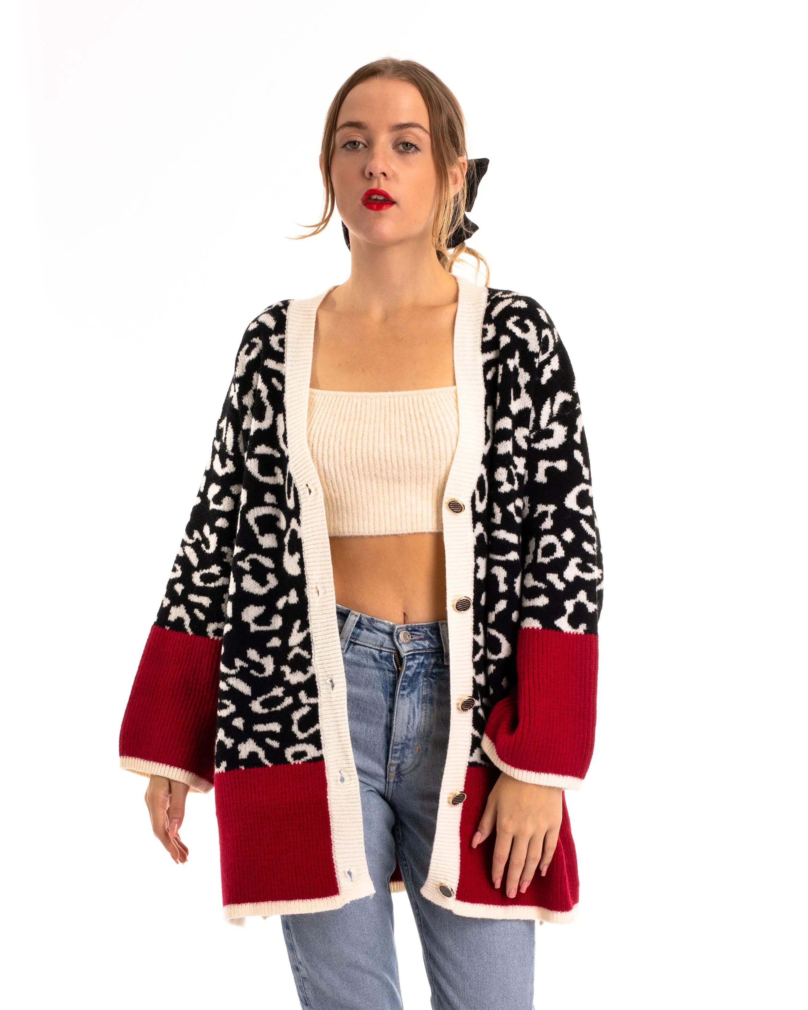 Leopard pattern design oversized cardigan with red hem