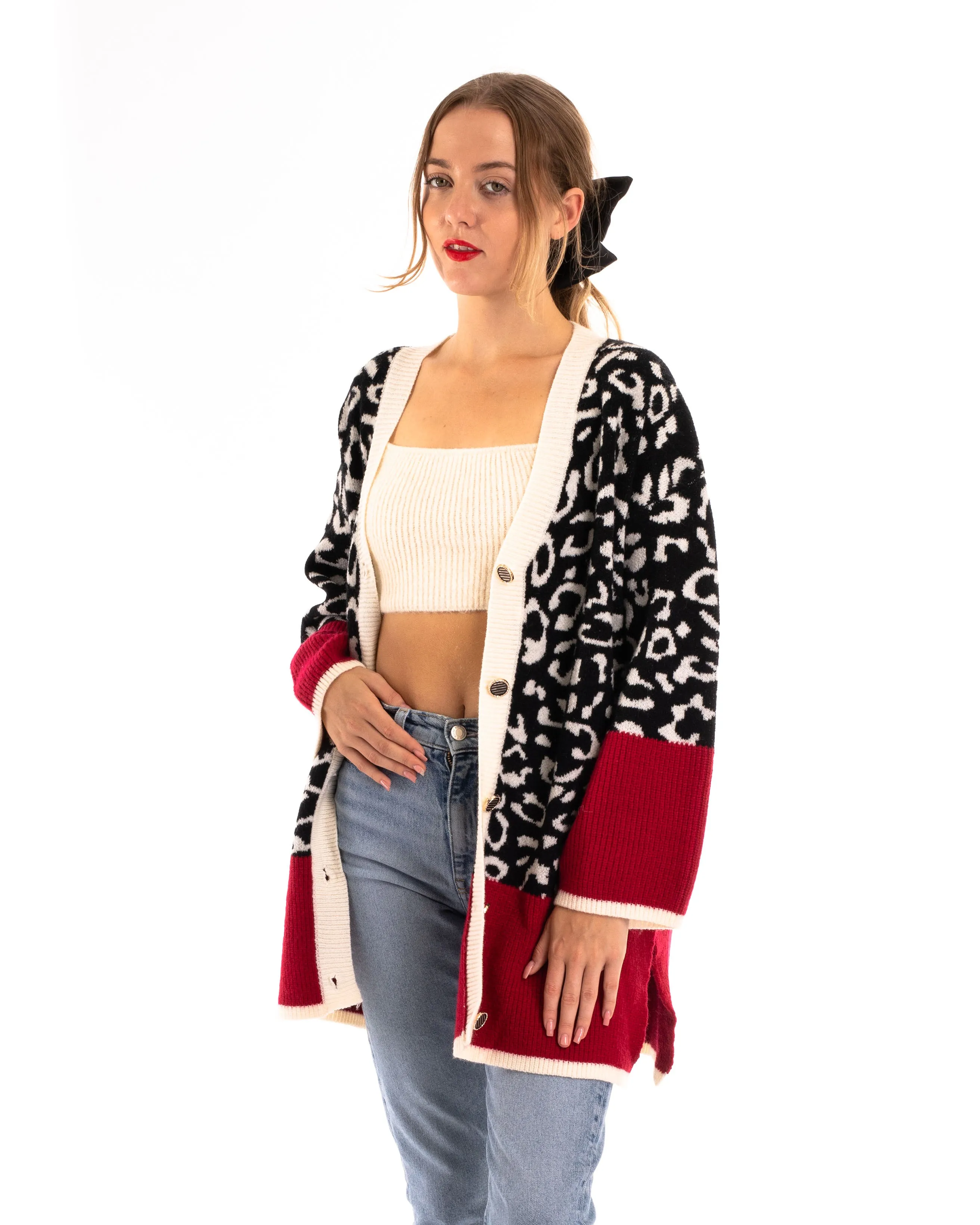 Leopard pattern design oversized cardigan with red hem