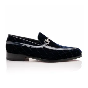 Mauri Allure in Wonder Blue Mens Quilted Velvet / Patent Leather Mens Slip-on Horsebit Loafers