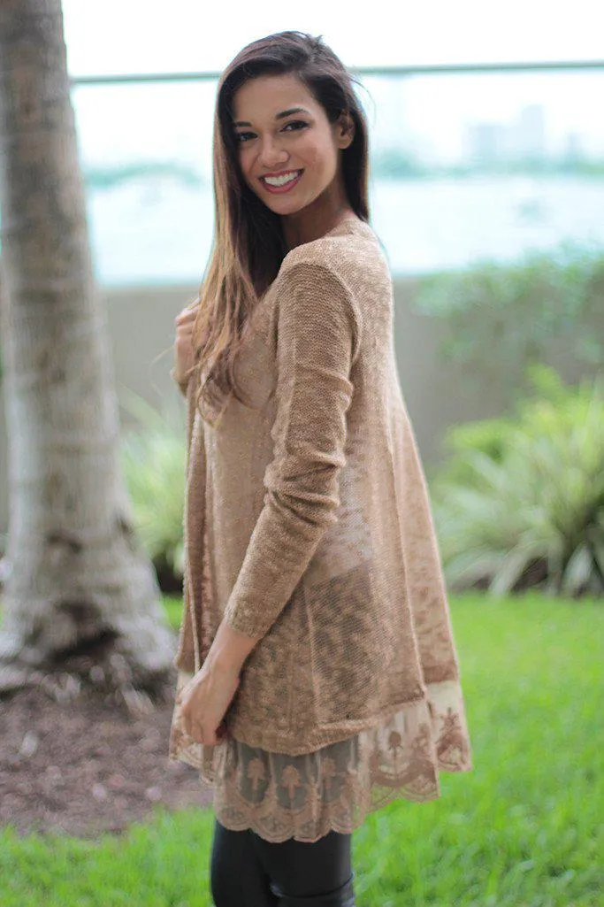 Mocha Cardigan with Lace Trim