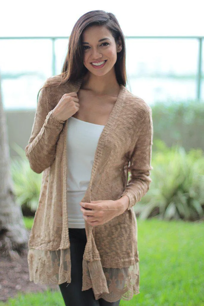 Mocha Cardigan with Lace Trim