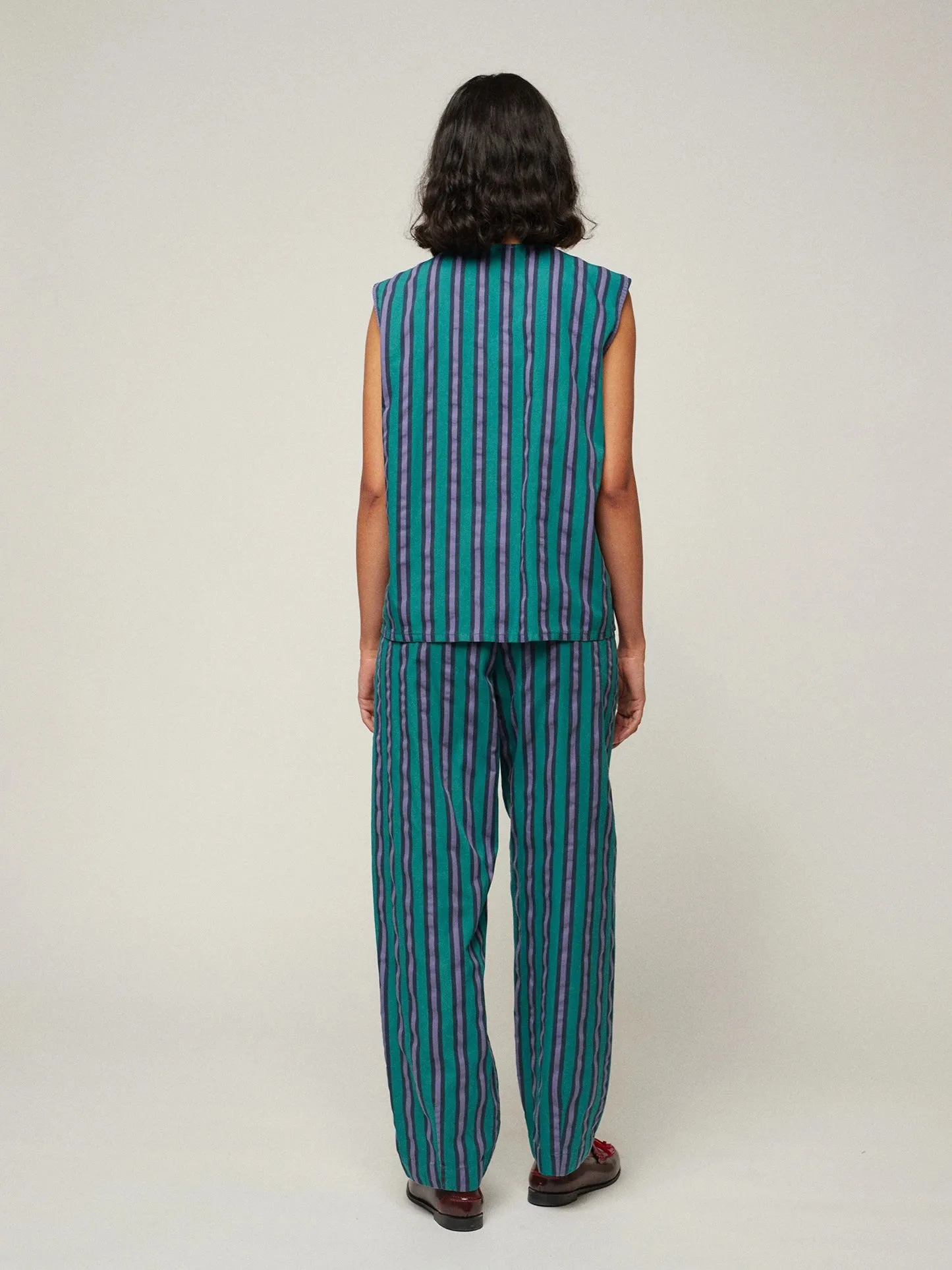 Multi striped pleated straight leg trouser