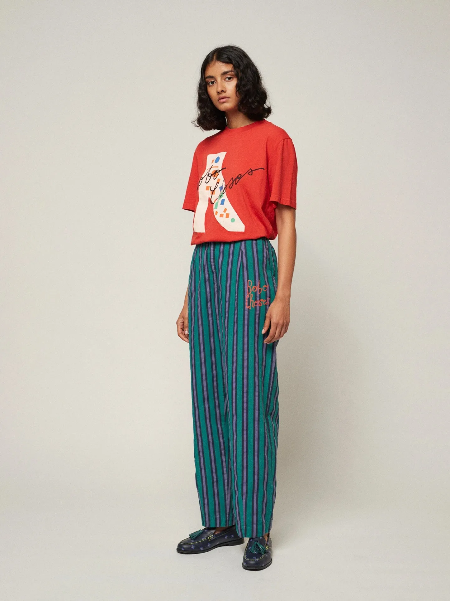 Multi striped pleated straight leg trouser