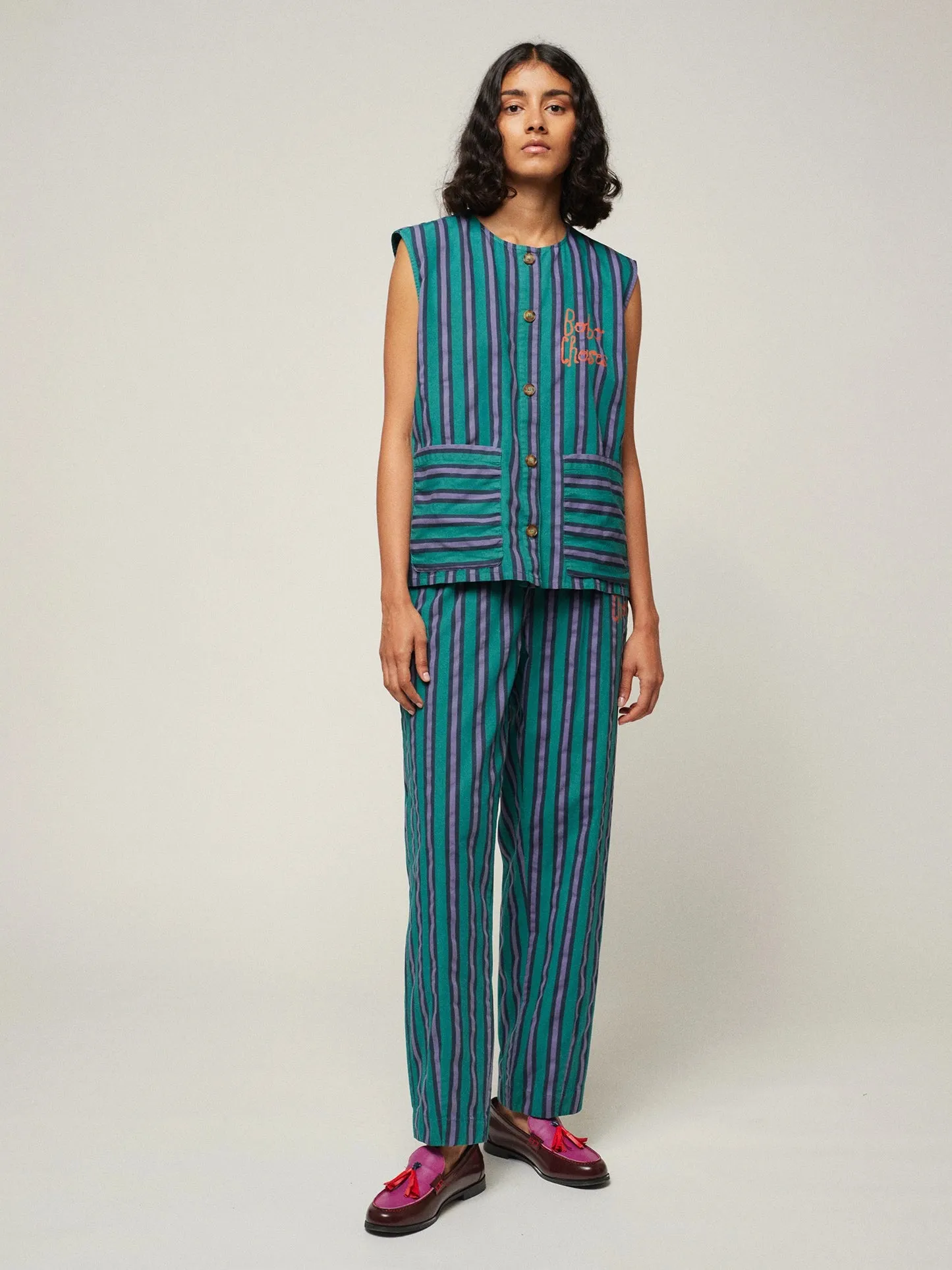 Multi striped pleated straight leg trouser