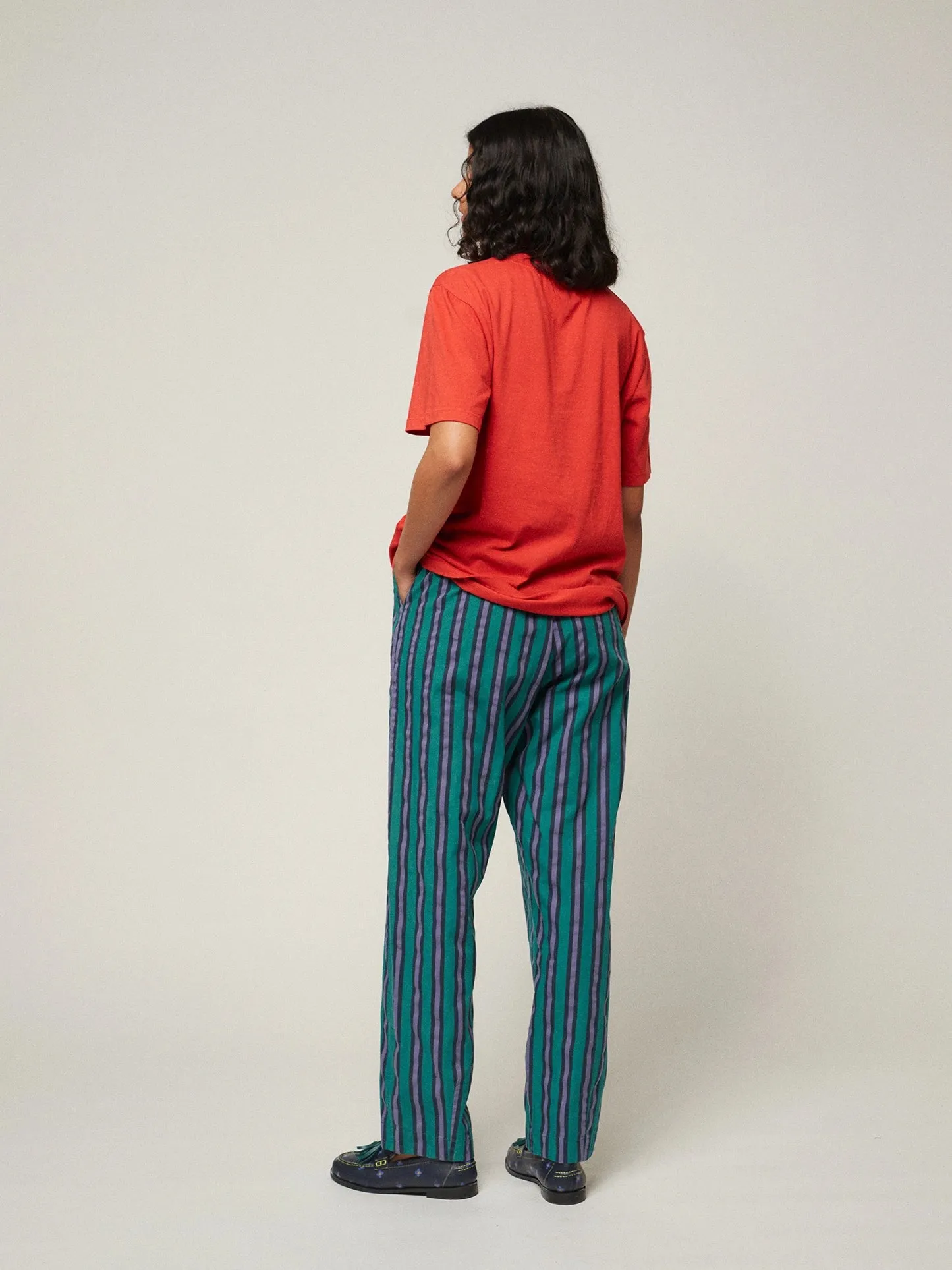 Multi striped pleated straight leg trouser