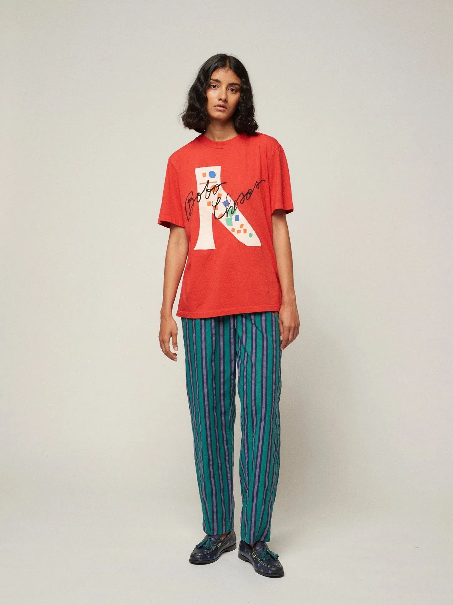 Multi striped pleated straight leg trouser