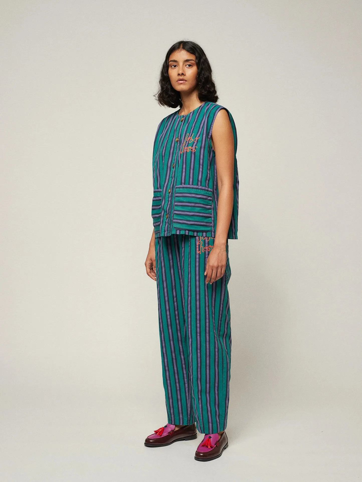 Multi striped pleated straight leg trouser