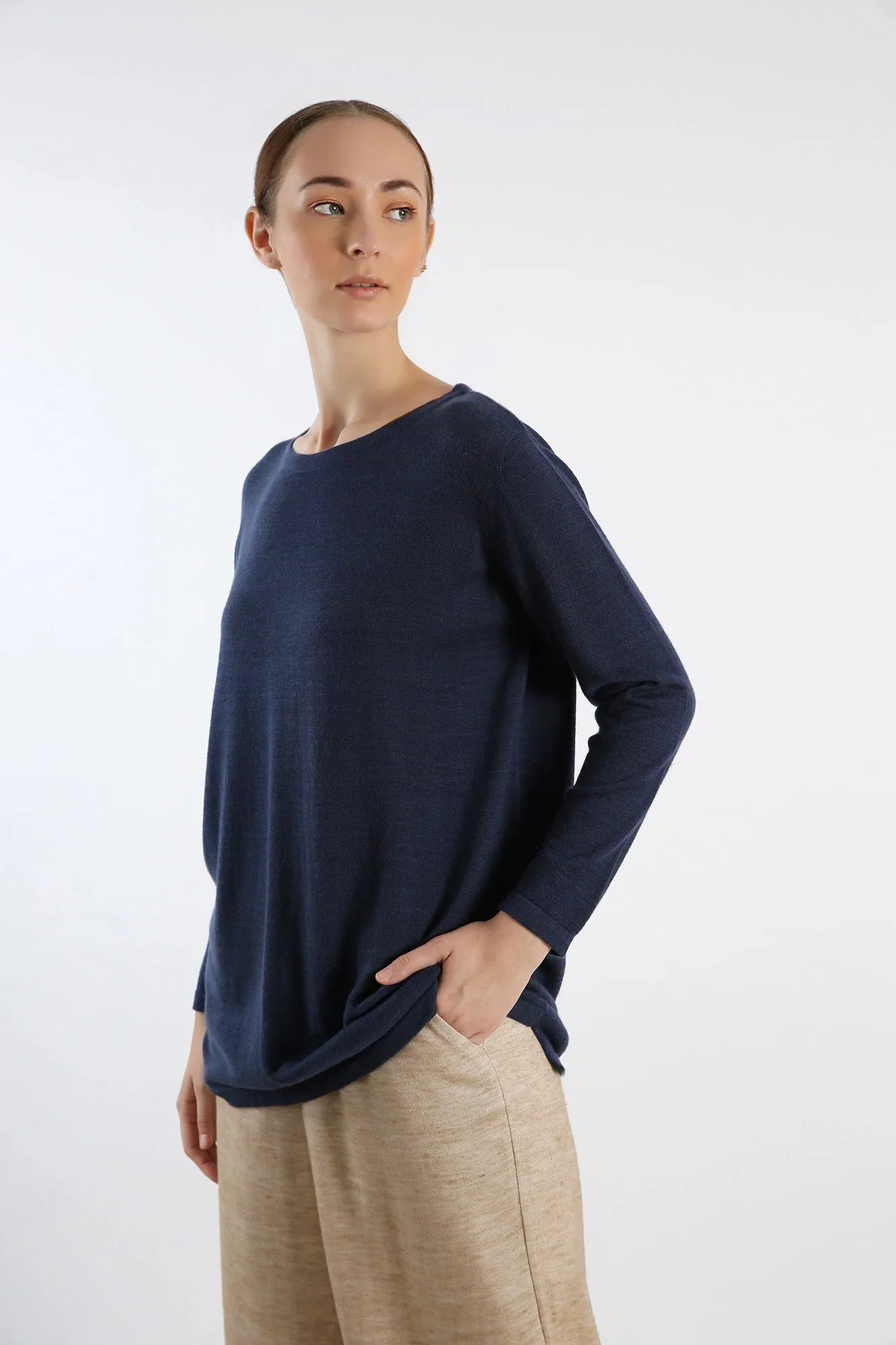 Navy crew-neckline Pure Cashmere tunic-fit Sweater