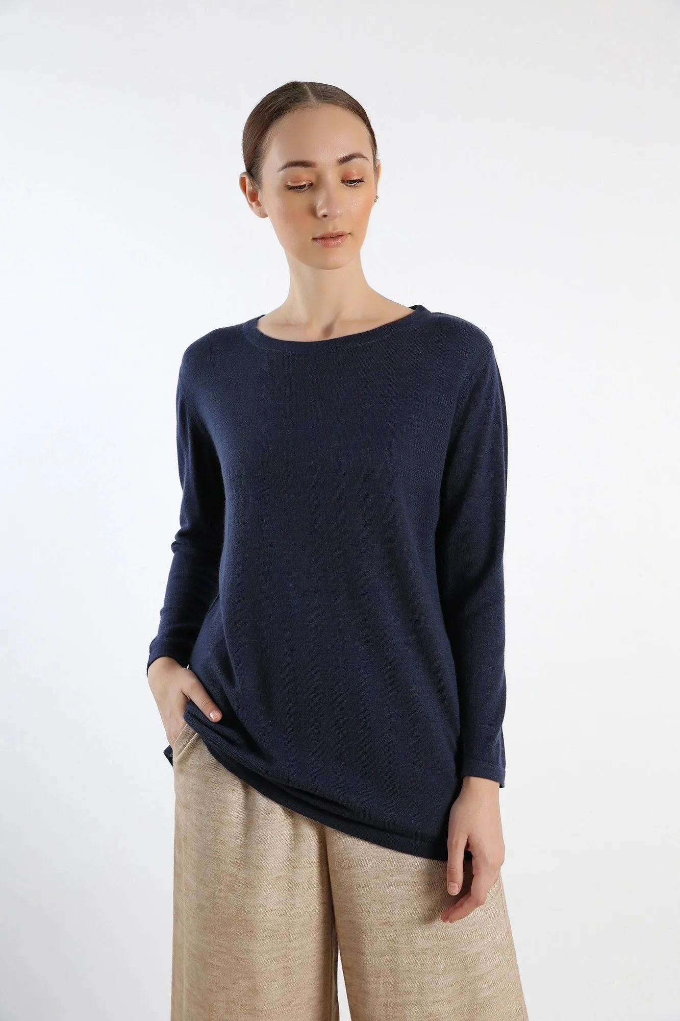 Navy crew-neckline Pure Cashmere tunic-fit Sweater