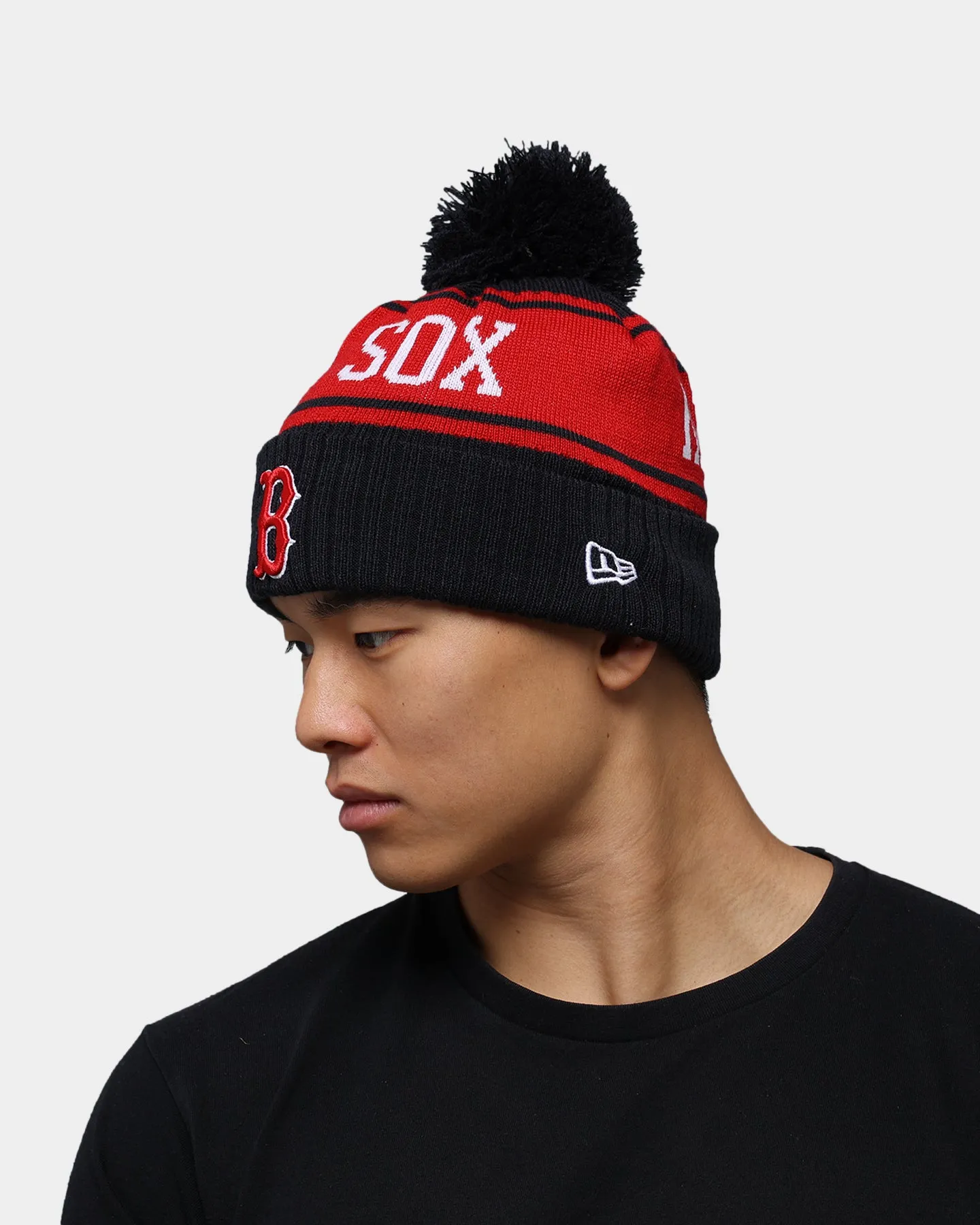 New Era Boston Red Sox Team Stripe Script Pom Beanie Team