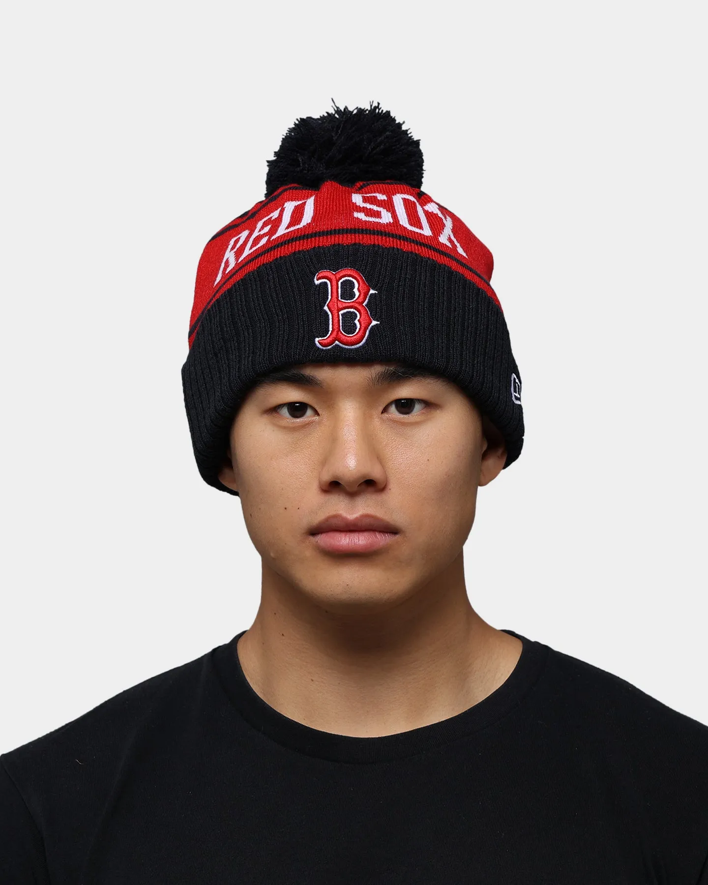 New Era Boston Red Sox Team Stripe Script Pom Beanie Team