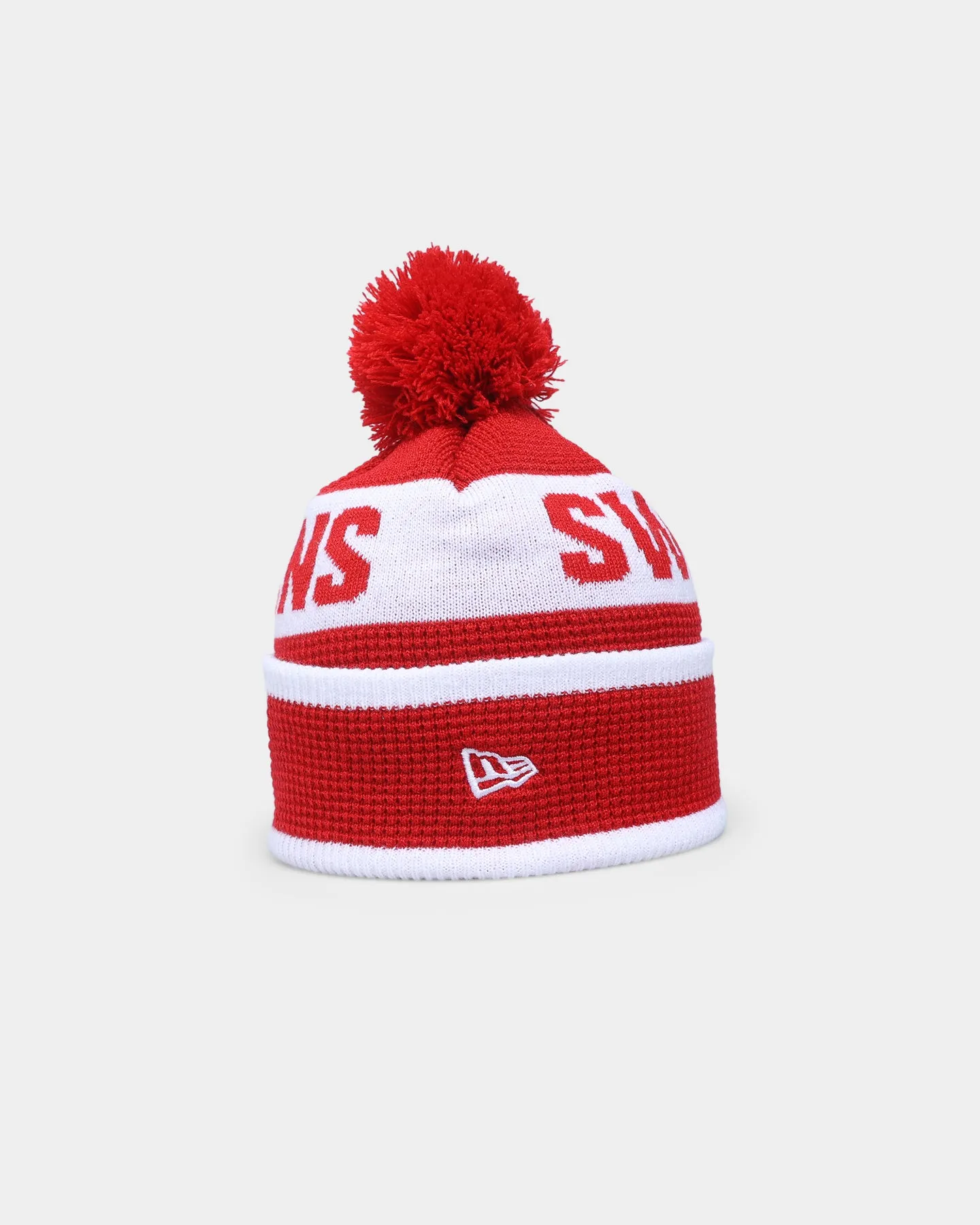 New Era Sydney Swans AFL Opening Bounce 2022 Pom Waffle Wordmark Beanie Red