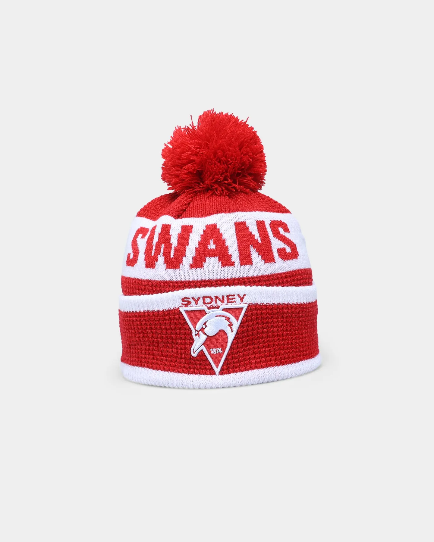 New Era Sydney Swans AFL Opening Bounce 2022 Pom Waffle Wordmark Beanie Red