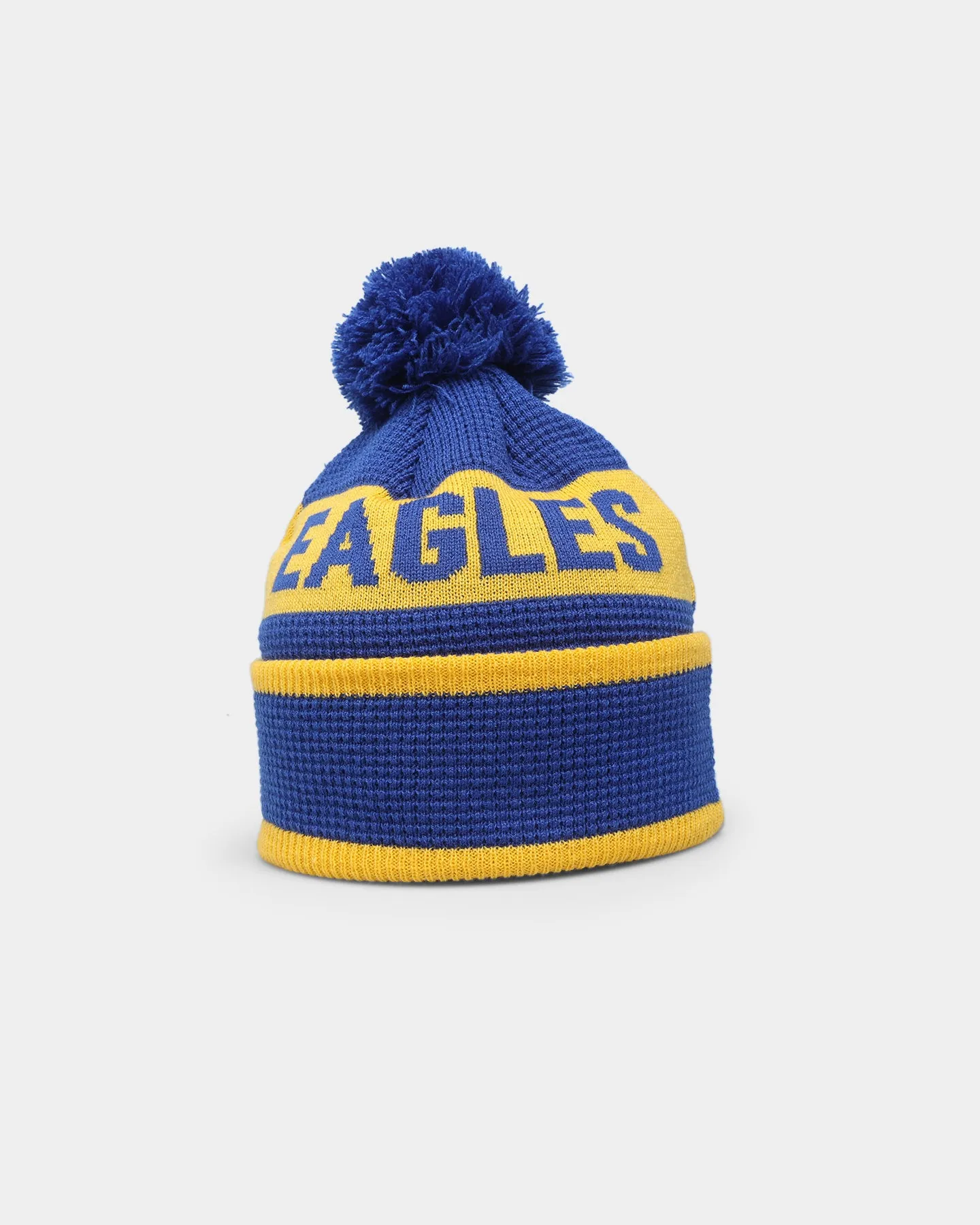 New Era West Coast Eagles AFL Opening Bounce 2022 Pom Waffle Wordmark Beanie Medium Blue/Yellow